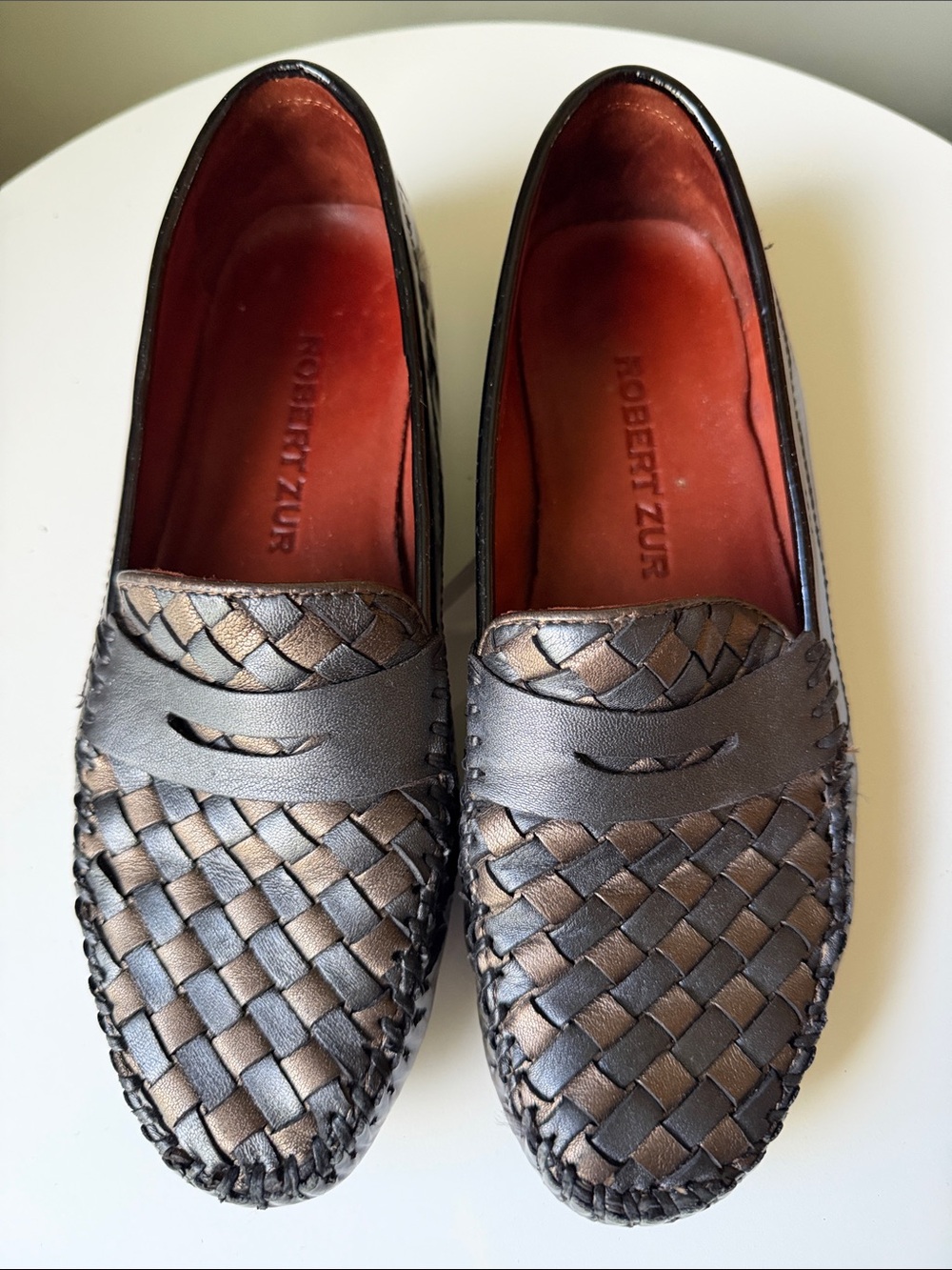 Robert Zur Woven Driving Moc Leather Loafers Metallic Pewter Bronze Black Patent